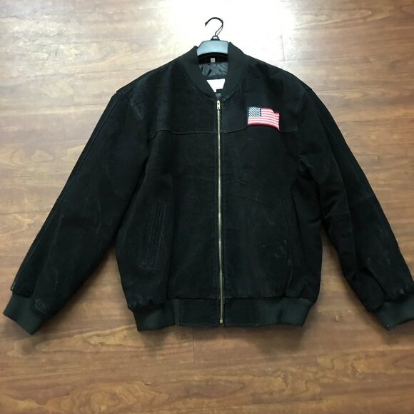 Men's Size XL Vintage Leather Brand Black Suede American Flag Full Zip Jacket - Picture 1 of 5